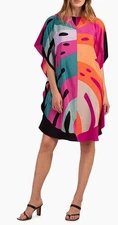 $398 Trina Turk Women's Pink Global Leaf Short-Sleeve Silk Kaftan Dress Size XL