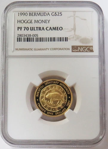 1990 GOLD 500 MINTED BERMUDA $25 HOGGE MONEY 1/4oz NGC PROOF 70 ULTRA CAMEO
