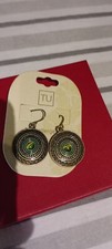 Round metal and green stone TU earrings