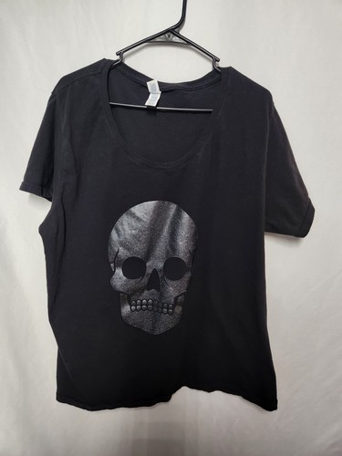 T-shirt donna 3XL Delta Ringspun scintillante teschio curvy argento nero collo maglietta