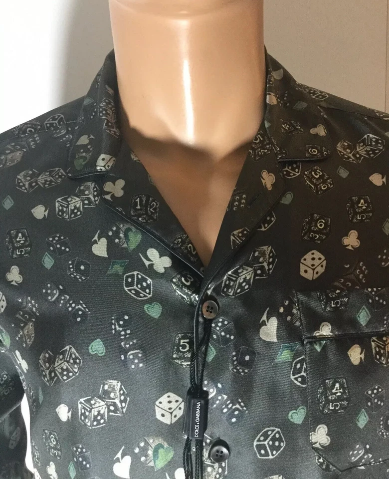 Camisa de pijama DOLCE & GABBANA gris estampado de dados SEDA ROPA DE DORMIR talla IT 5/ EE. UU. M Foto 2 de 4
