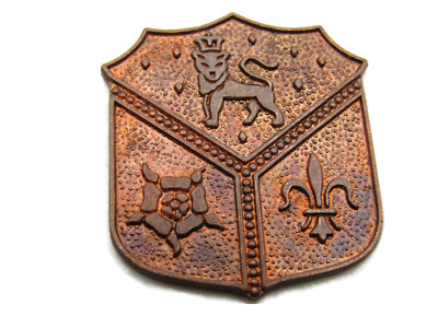 Vintage Heraldic Crest Shield Charm Crowned Lion Tudor Rose Fleur de Lis Copper