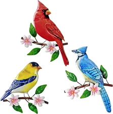 3D Metal Birds Wall Art Decor - 3-Piece Set with Vivid Birds on Branch & Floral