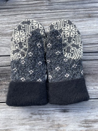 Handmade Upcycled Wool Sweater Mittens Fleece Lined Cashmere Cuff Gray Black - Picture 2 of 3