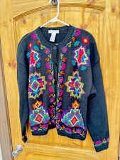 Christina Sweater Women  s Black Floral Cardigan Embroidered Size L