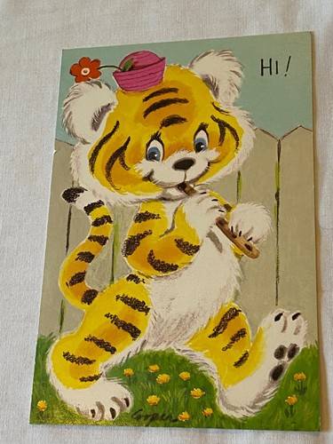 Sweet Unused 70s Olympicard Birthday Greeting Card Tiger w Coloring Page Inside
