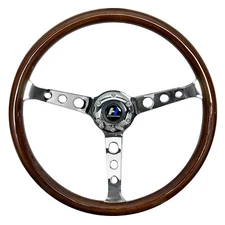 15"  Classical Wood Steering Wheel Silver Chromed 3-Spoke 1.5" Depth 6 Bolts
