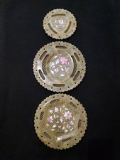 Soapstone Reticulated 3 Plate 6"8"9" Semi Precious  Mother Of Pearl 