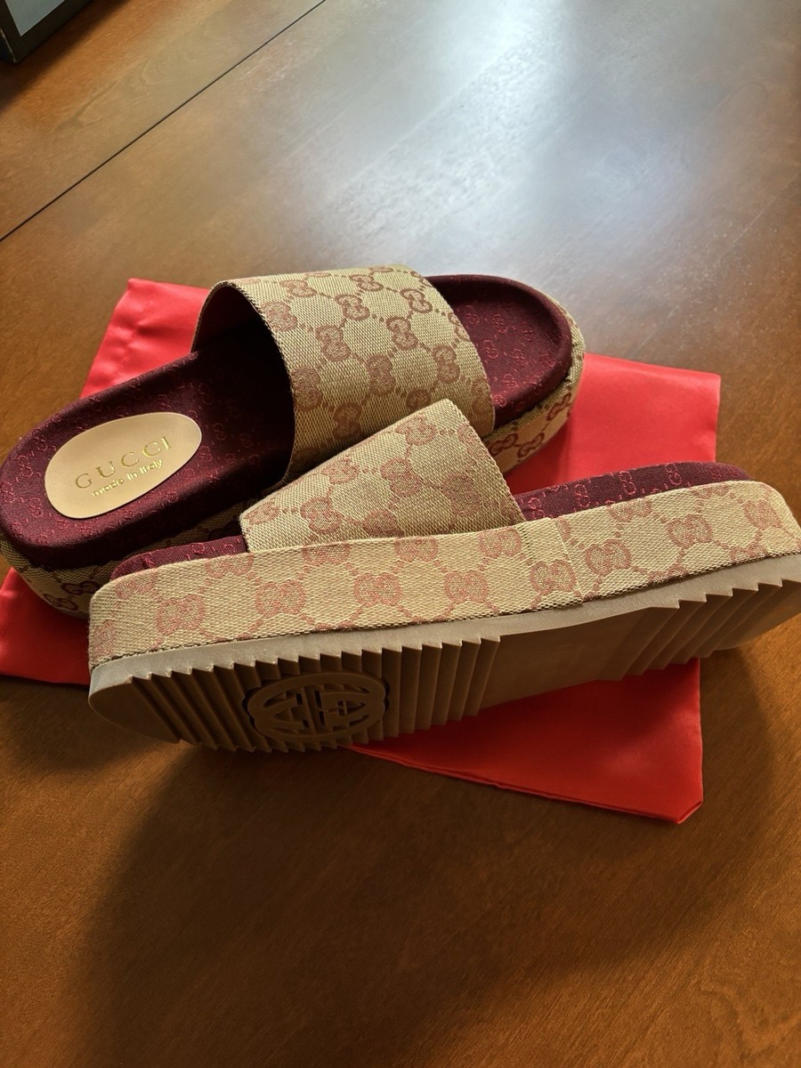 Gucci Platform Slide Sandals Women's Logo Accents Beige Burgundy