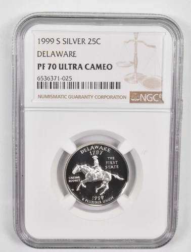1999-S PF70 UCAM Delaware Quarter NGC SILVER Brown Lbl