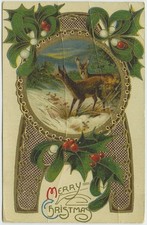 Merry Christmas Holly and Deer 1911 Antique Postcard 