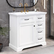36" Bathroom Vanity w/Sink, Freestanding Vanity Cabinet, Door Shelf, 4 Drawers