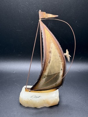 Vtg John DeMott Nautical Brass & White Onyx Signed Sailboat Sculpture 9.25 
