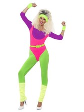 80er Jahre Neon Gymnastik Jumpsuit Damen Aerobic Kostüm Trash Bad Taste Sport