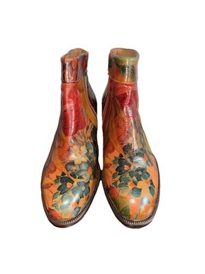 STIEFELETTEN HERBST FARBE GEBLÜMT HANDBEMALT LEDER REISSVERSCHLUSS KUBANISCHER ABSATZ NEU 6-6,5