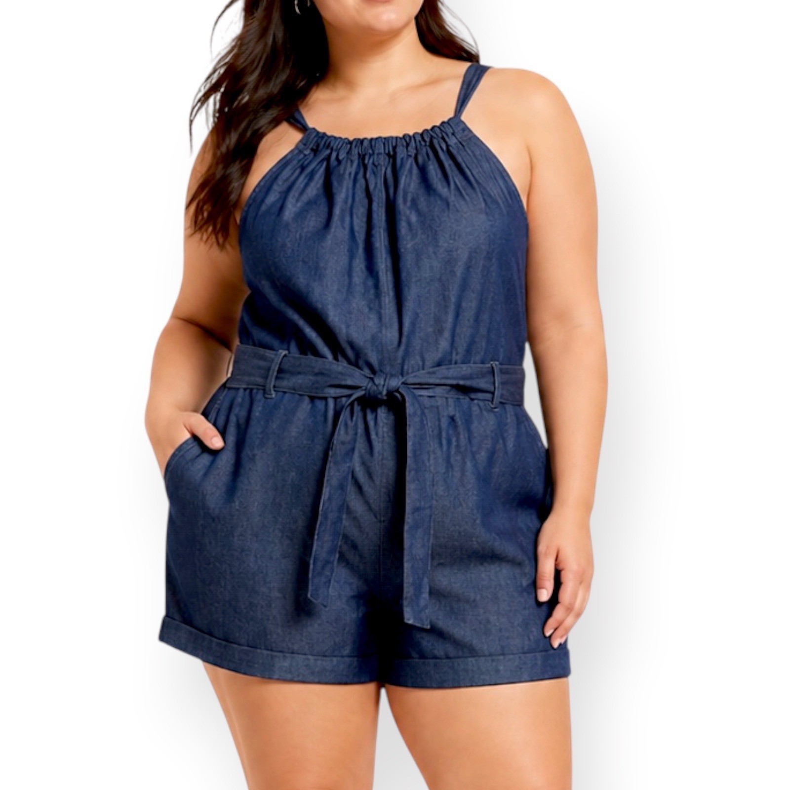 Chambray Romper Boho Womens L Tie Back Waist Blue Coastal Minimalist Shorts Top-image