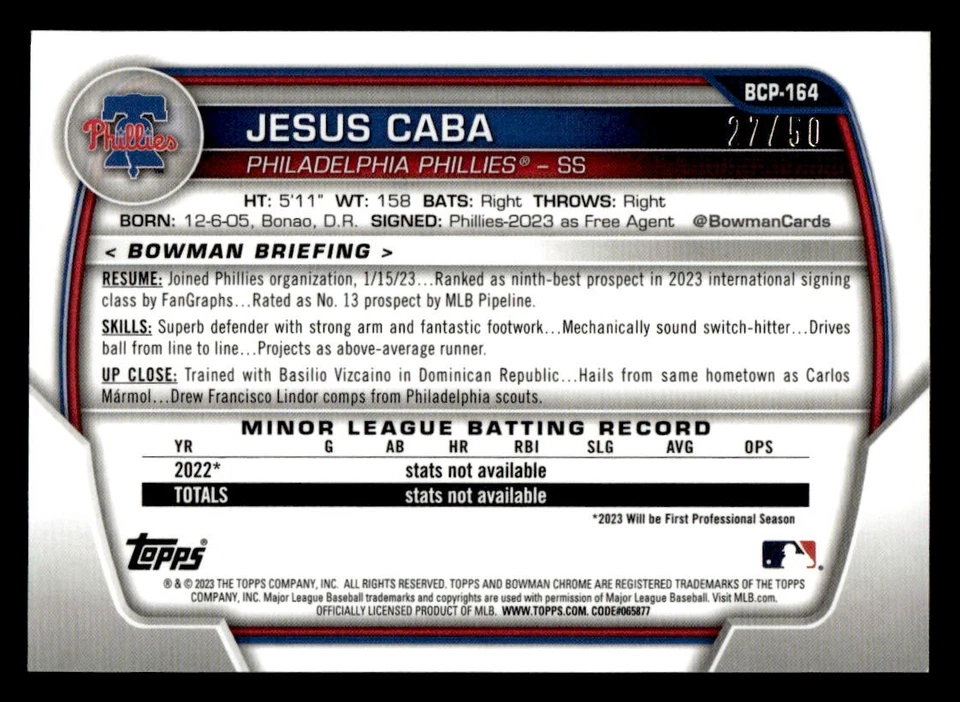 2023 Bowman Chrome #BCP-164 Jesus Caba Prospects Gold Shimmer Refractor #/50 - Image 2 of 2