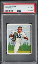 1950 Bowman FB Card # 6 Lou Groza Cleveland Browns HOF ROOKIE RC PSA 6 EXMT. rookie card picture