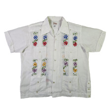 Vintage 70s Chac Mool Guayabera Mexican Wedding Shirt Large Floral Embroidered