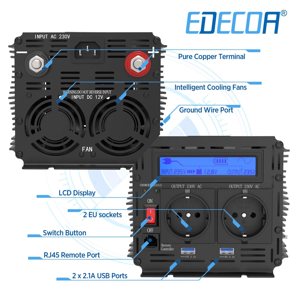 EDECOA Onduleur Sinus Pur 12V 220V 2500W Convertisseur de Puissance UPS - Photo 3/4