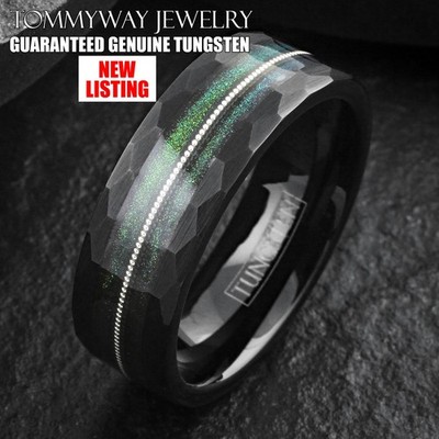 Black Tungsten Carbide Green Flowing Sand with Guitar String Wedding Band Ring