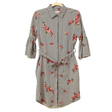Calvin Klein Striped Floral Embroidered Bell Sleeve Tie Waist Shirt Dress Size 4