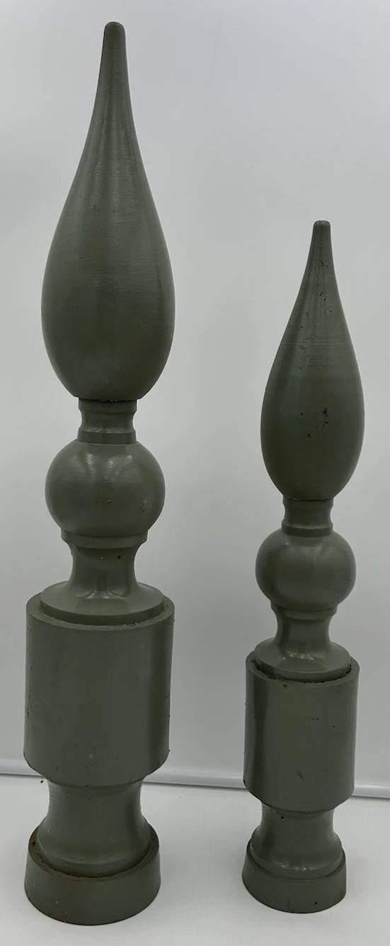 Antique Cast Iron Fence Finials Pair Green Paint Decor 18in x 4in 22in x 3in VTG