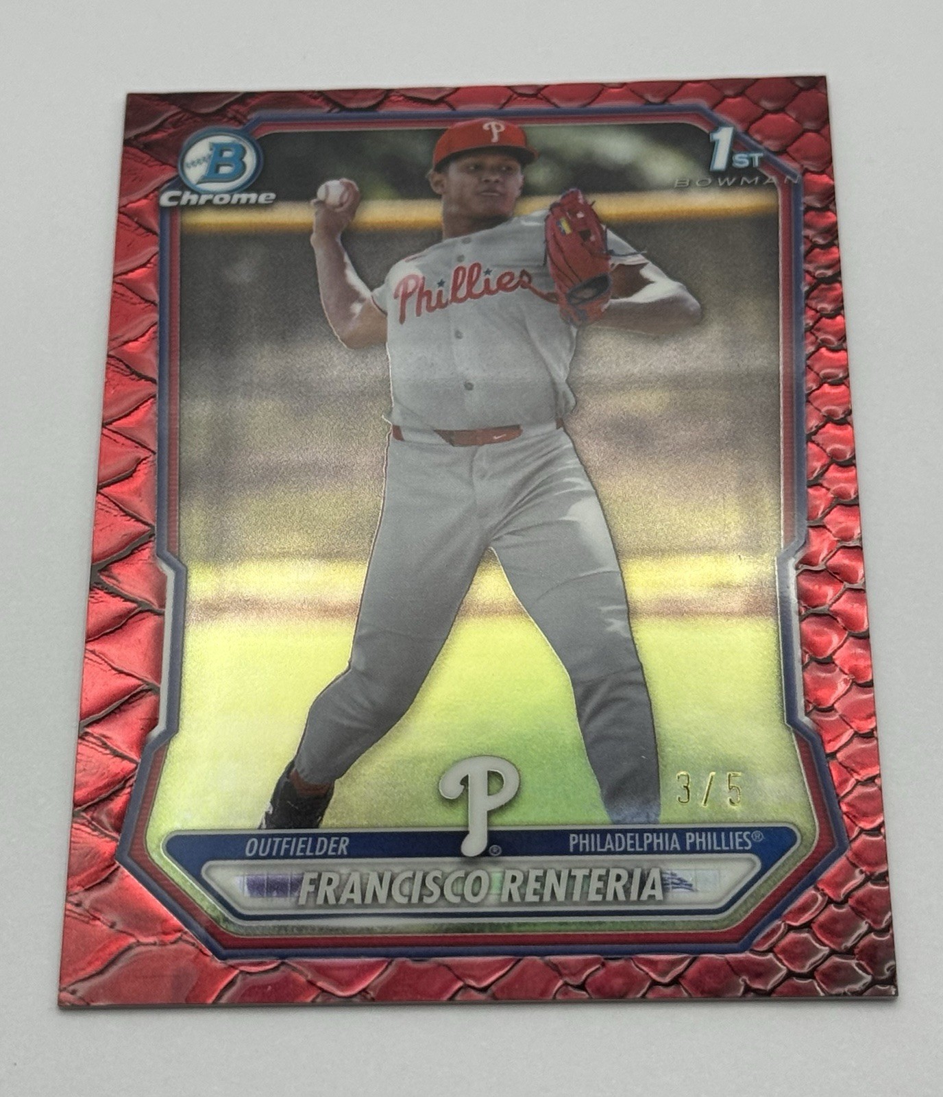 2026 (1ST) Bowman Chrome FRANCISCO RENTERIA Red Reptilian RC #’D 3/5 {PHILLIES} view 2
