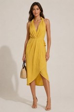 Mango Vestido 423COCO-A Yellow Linen Blend Halter Dress Size XS