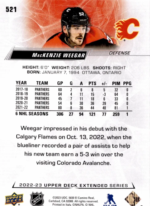 5 CARD LOT - 2022-23 Upper Deck Extended Series - MacKenzie Weegar #521 - Image 2 of 2