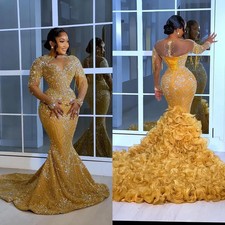 Plus Size Gold Prom Dress Evening Dresses Beaded Lace Crystals Tassel Party Gown