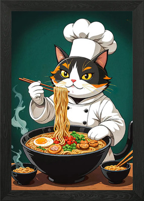 Cat Chef Preparing Ramen Framed Wall Art Poster Canvas Print Picture