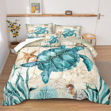 Ocean Themed Turtle Comforter Set King Size 4Pcs Bedding for Kids