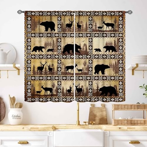 Farmhouse Cabin Kitchen Curtains,Rustic Woodland Brown Bear Deer Short Country
