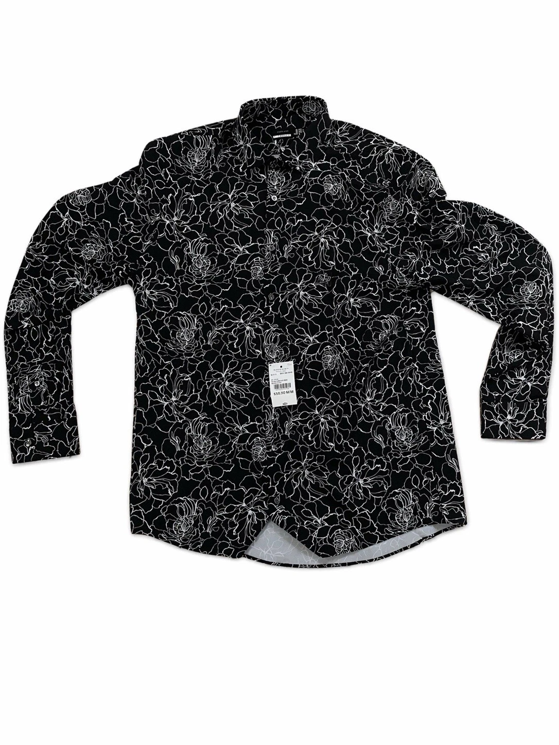 J Ferrar Men’s Button Up Shirt Black White Floral Stretch