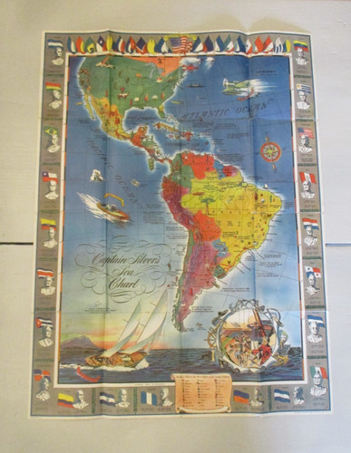 CAPTAIN SILVER SEA CHART 1943 MAP BLUE NETWORK RADIO N/S AMERICA WWII- MAILER