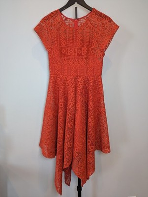 Anthropologie Maeve Women's 2 Red Orange Prima Asymmetric Hanky Hem Lace Dress