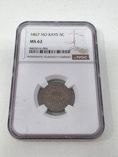 1867 NO RAYS 5C NGC MS 62 Shield Five Cents
