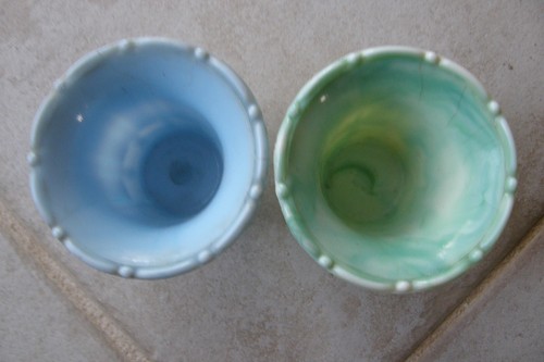 Vintage Akro Agate Ribs and Flutes Blue & Green Flower Pot Planters 3” x 3 1/2" - Picture 3 of 12