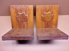 Vintage Pair of Hand Carved Wooden Bookends Bas Relief Maple Leaves Very Cool!