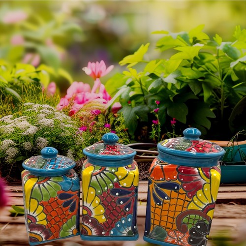 Talavera Turquoise Blue Multicolored kitchen Set Of 3 canister set Extra Large - Picture 3 of 7