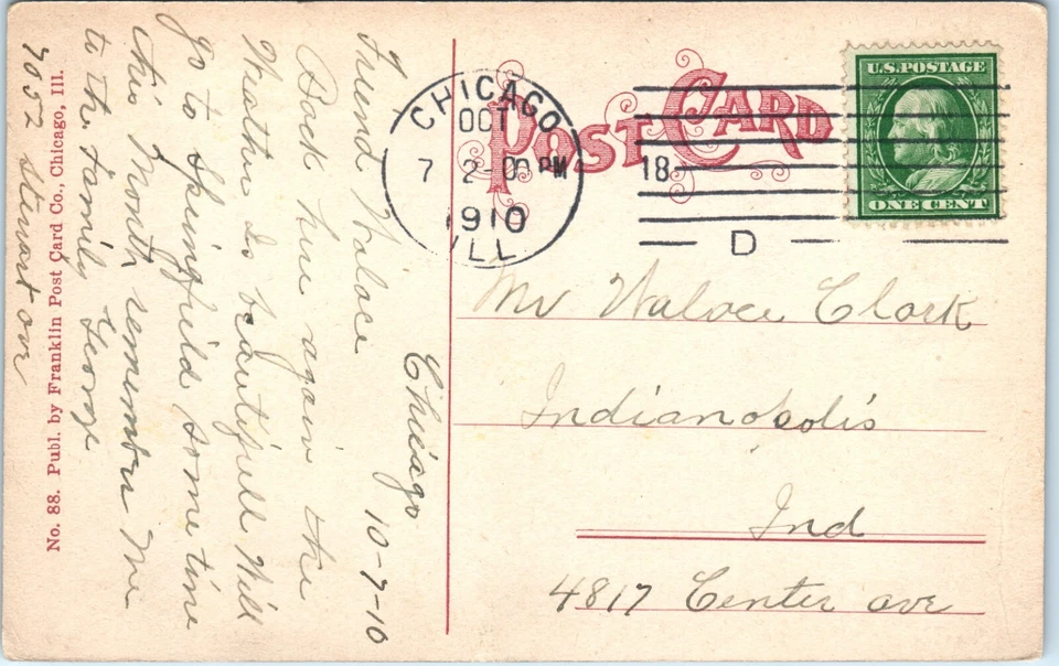 Vintage Postcard 1910 Green Benjamin Franklin Stamp Chicago Posted Old Cars - Image 3 of 4