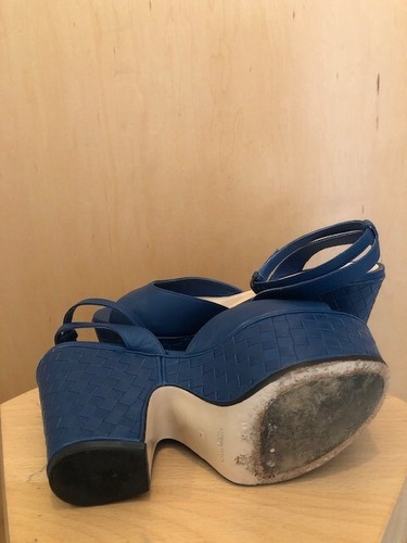 BOTTEGA VENETA Blue Leather Woven Open Toe Intrecciato Platform Heel Sandal 37 - Picture 6 of 13