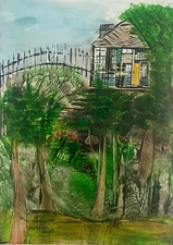 Original Painting 5x7" house trees yard by Lynne Kohler