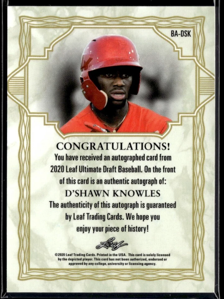 2020 Leaf Ultimate Draft Gold AU #BA-DSK D'Shawn Knowles RC /75 BB01R01A - Image 2 of 2