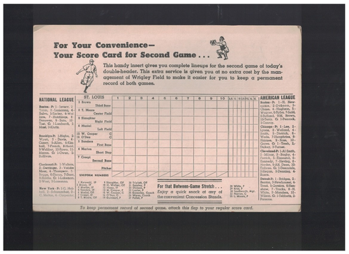 1942 Chicago Cubs Baseball Scorecard vs St. Louis Cardinals Game 2 - Picture 2 of 2