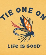 NWT Men's Life Is Good Tie One On Fly Lure Fishing Baja Yellow SS Crusher Tee