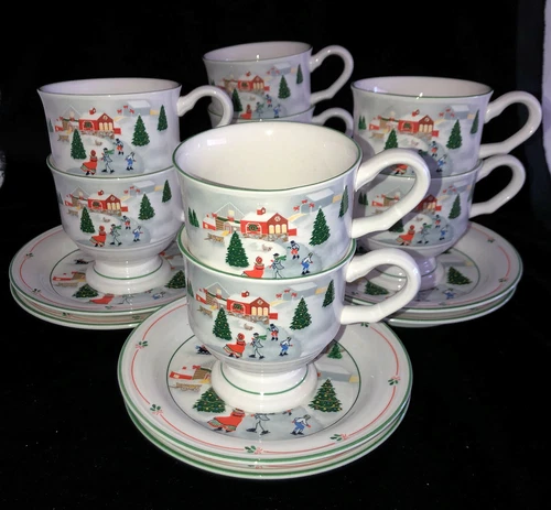 8 Sango *SILENT NIGHT* 3 3/4" FOOTED CUPS & SAUCERS* 3900