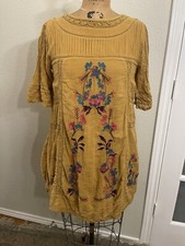 RARE Free People Womens Embroidered Floral Flowers Mustard Yellow Dress Sz Small