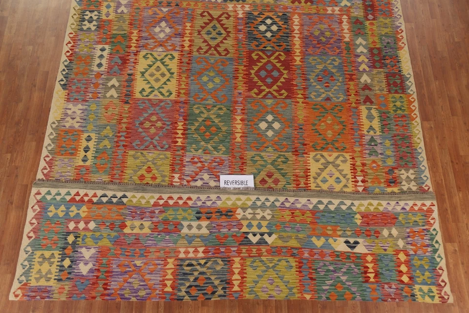 Geometric Kilim Reversible Oriental Area Rug 10'x13' Wool Hand Woven Tribal Rug - Image 3 of 4